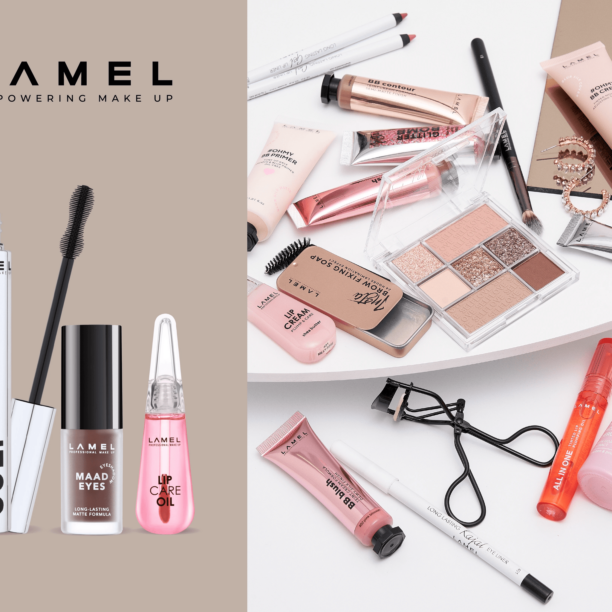 Various makeup products including foundation, powder, eyeshadow palette, brush, and lip gloss on a black surface.