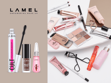 Various makeup products including foundation, powder, eyeshadow palette, brush, and lip gloss on a black surface.