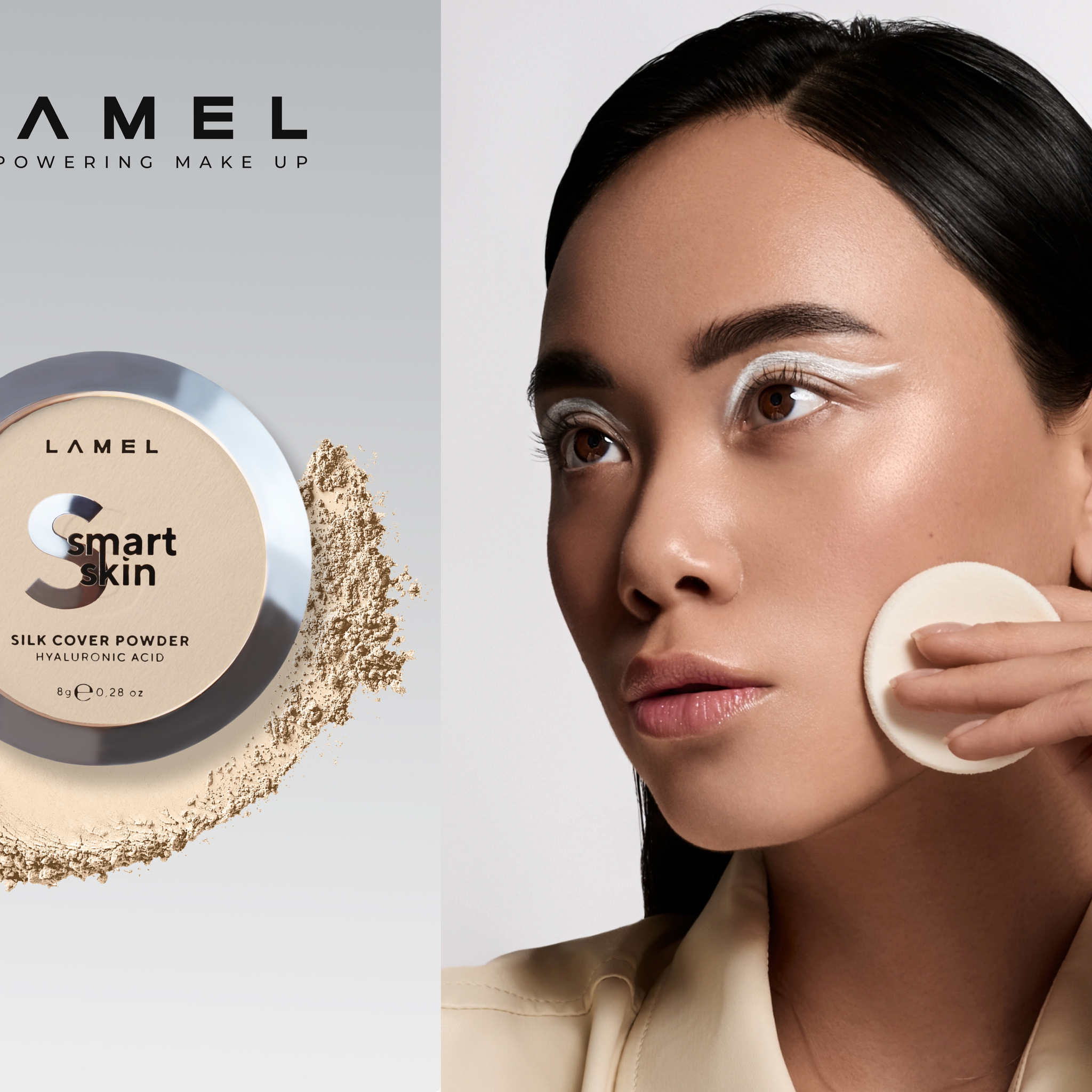 Girl applying powder with a brush to make her makeup last.