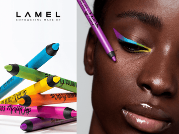 Girl with bright colored arrows on her eyelids.