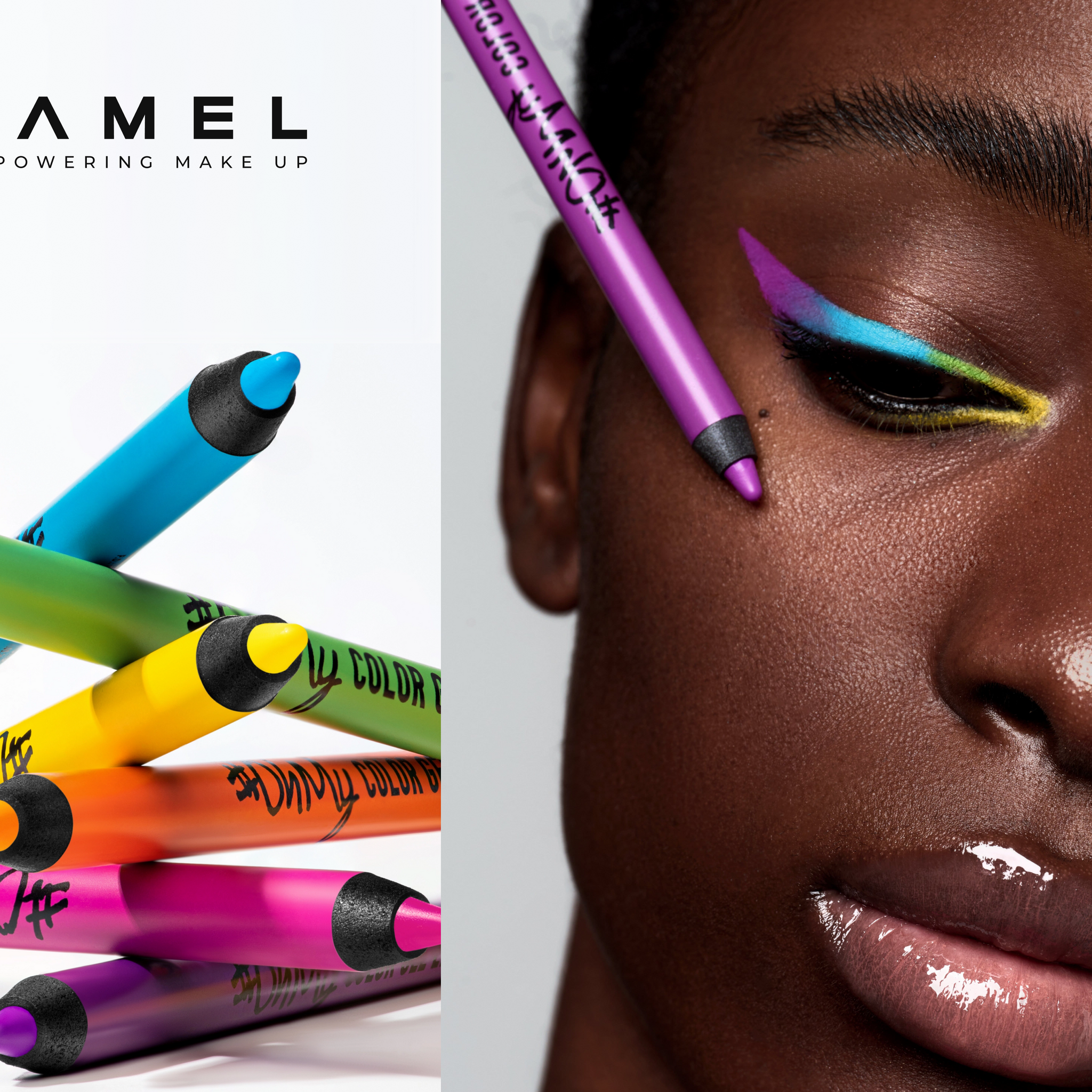 Girl with bright colored arrows on her eyelids.