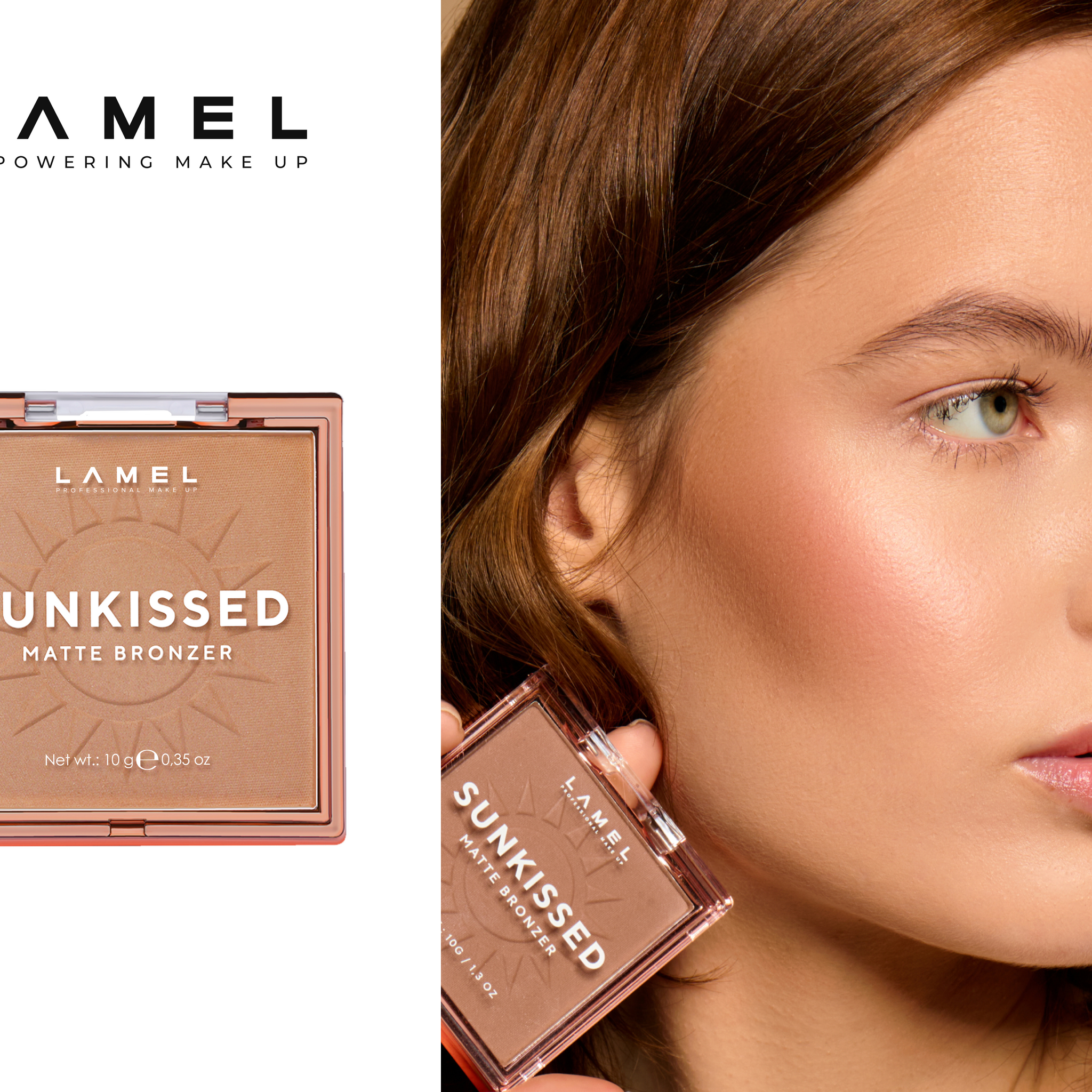 A beauty expert applies bronzer to a woman's face with a fluffy brush