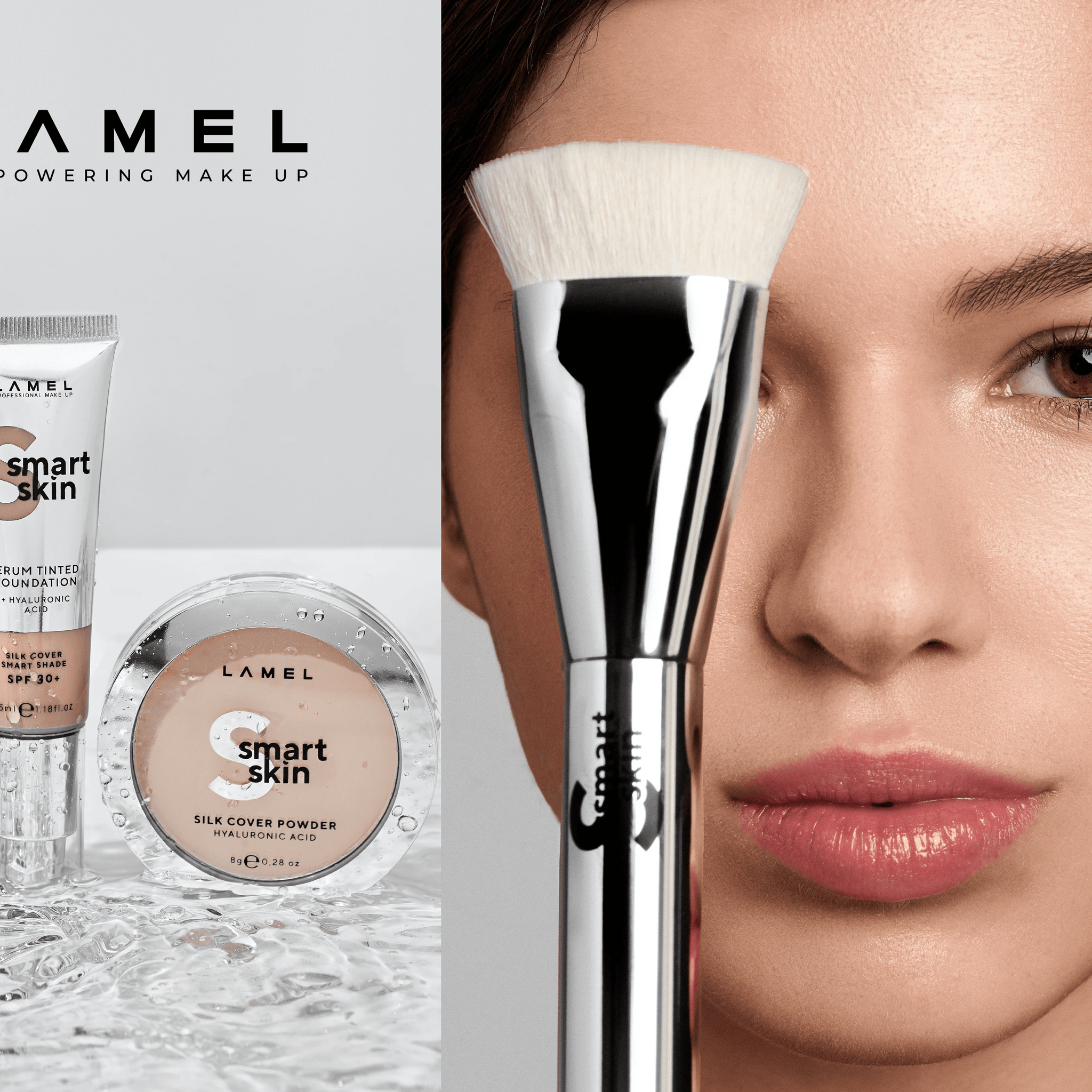 Makeup artist applying foundation to a woman's face using a large makeup brush.