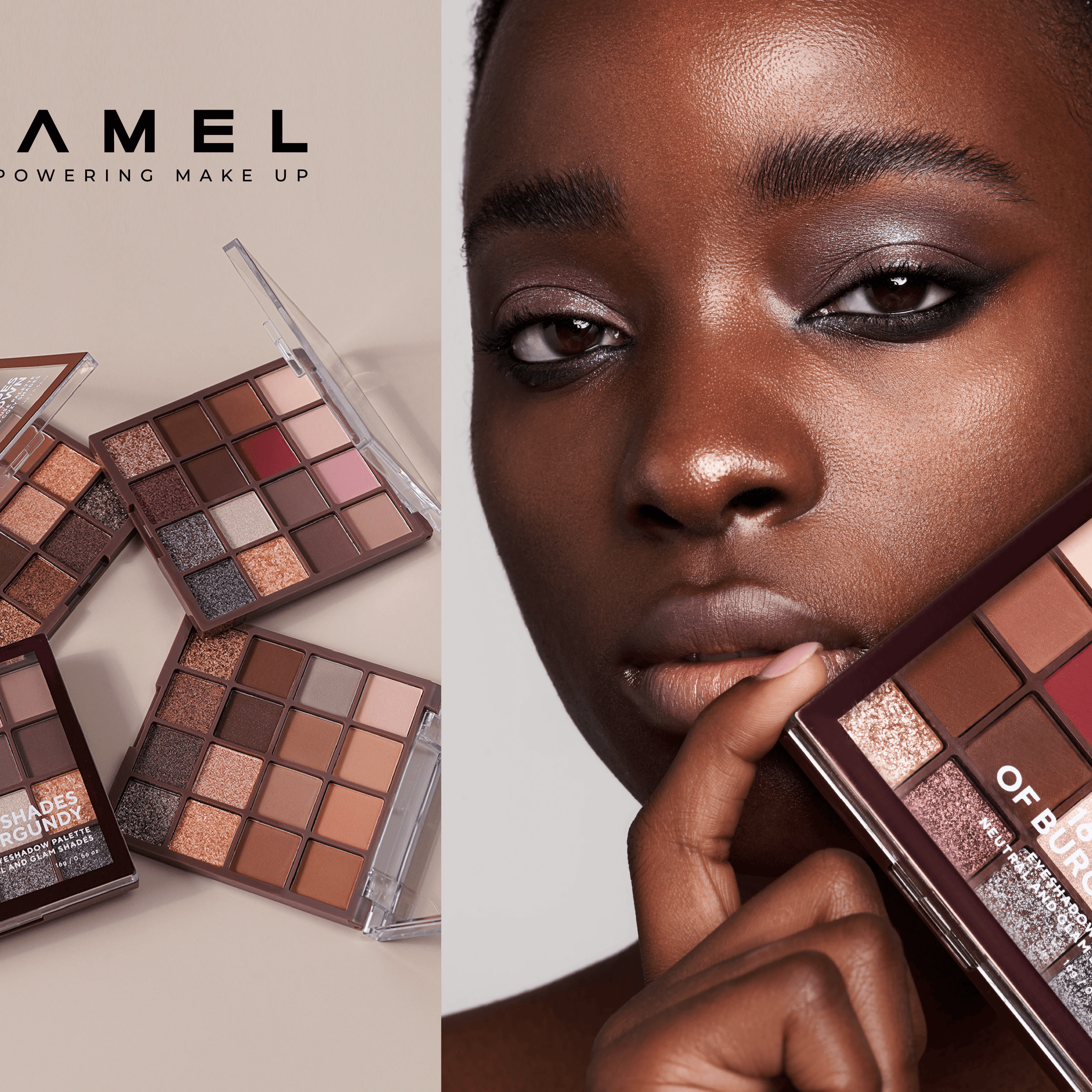 Makeup brushes, an eyeshadow palette, and an eyelash curler arranged on a white background.