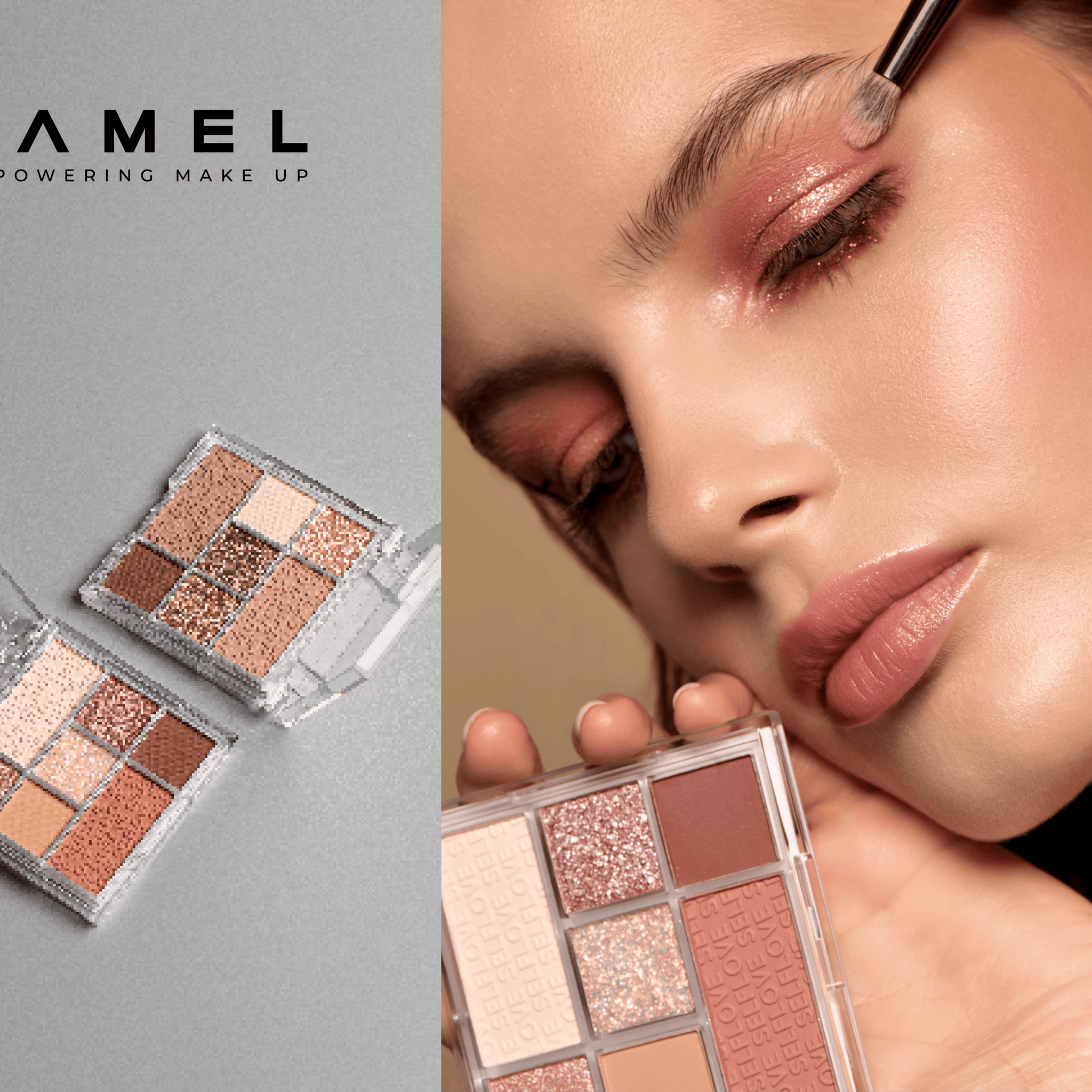 Various makeup products including eyeshadow application palettes, blushes, brushes, and lip products arranged on a white background