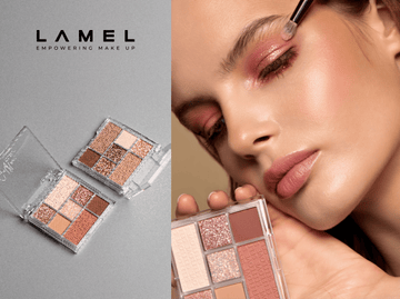 Various makeup products including eyeshadow application palettes, blushes, brushes, and lip products arranged on a white background