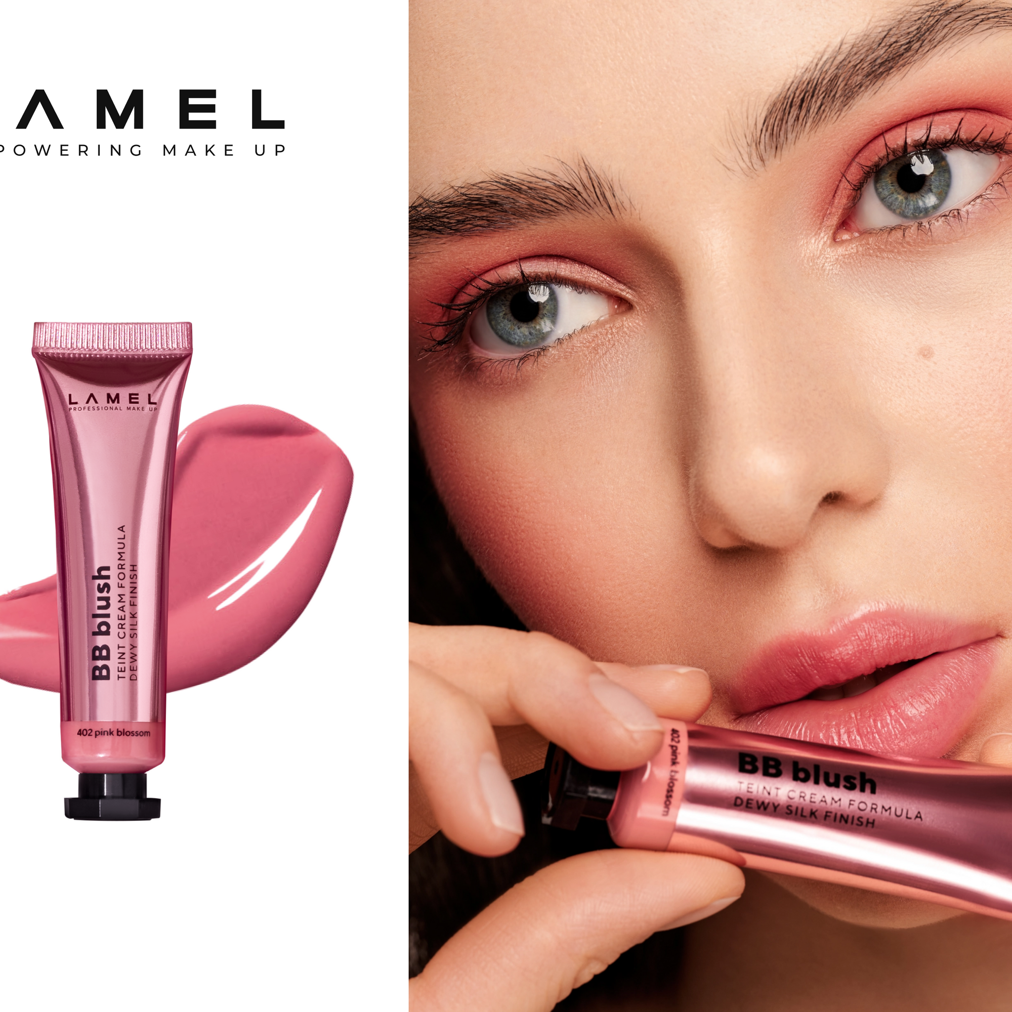 Girl applying brick-colored blush to her face