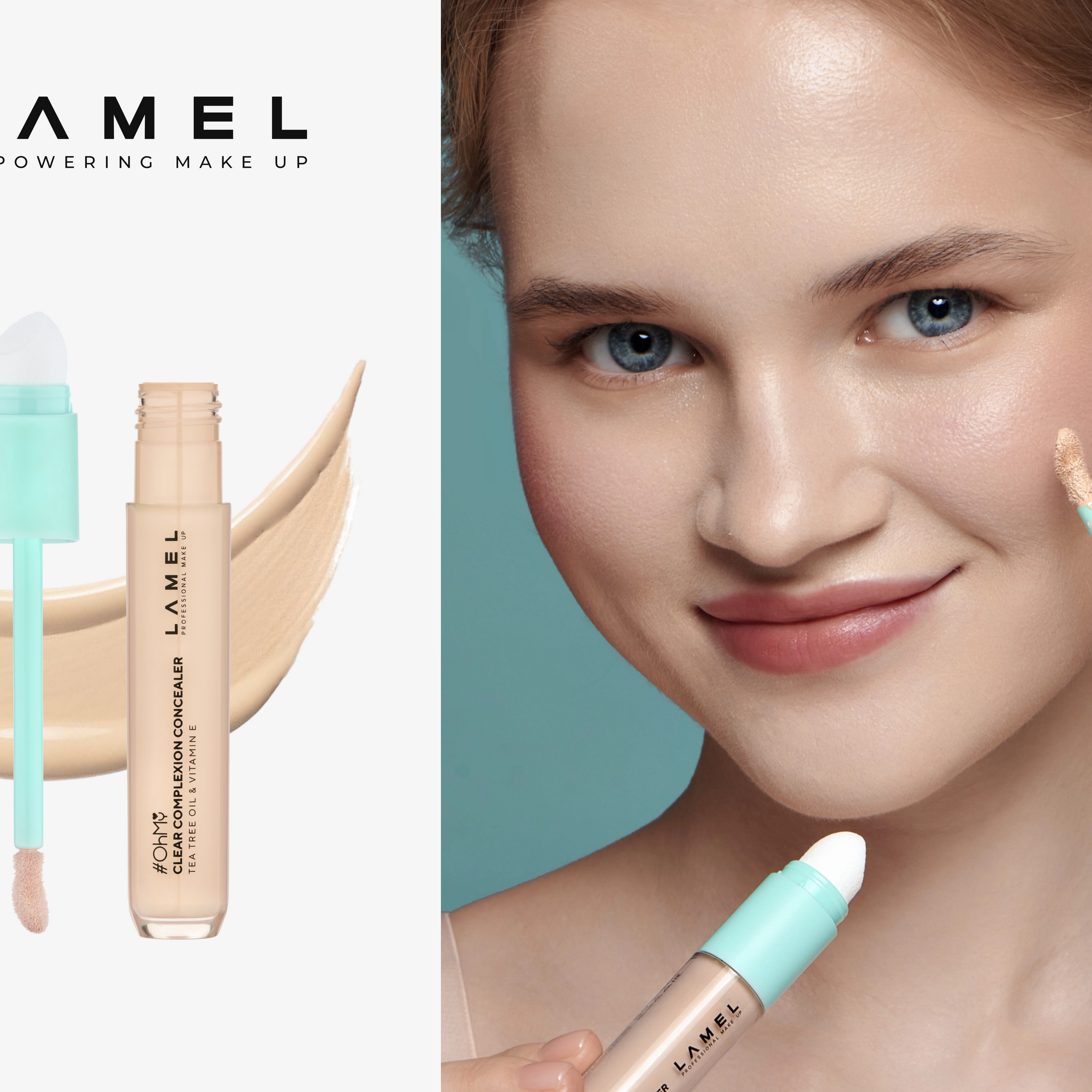 The girl applies a light concealer to the area under the eyes.