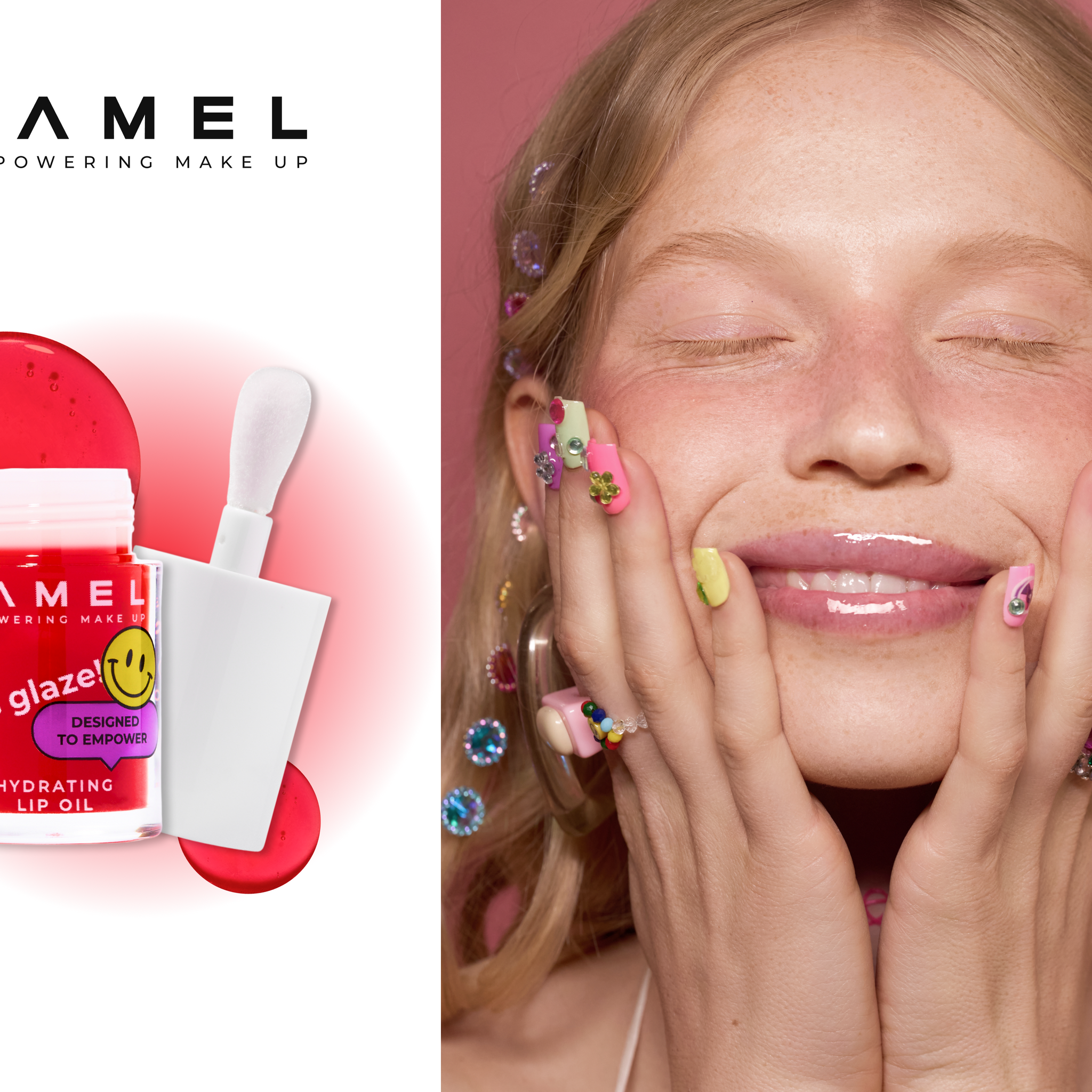 Girl with pink eyeliner, mascara, and gloss to create a strawberry look.