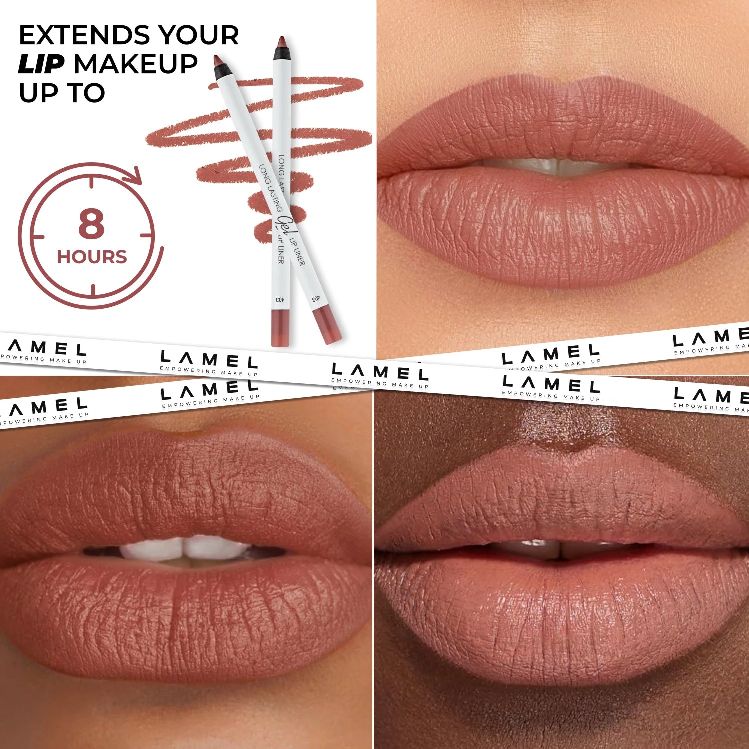 Lamel lip liner with close-up of lips wearing the product, showing color and wear time.